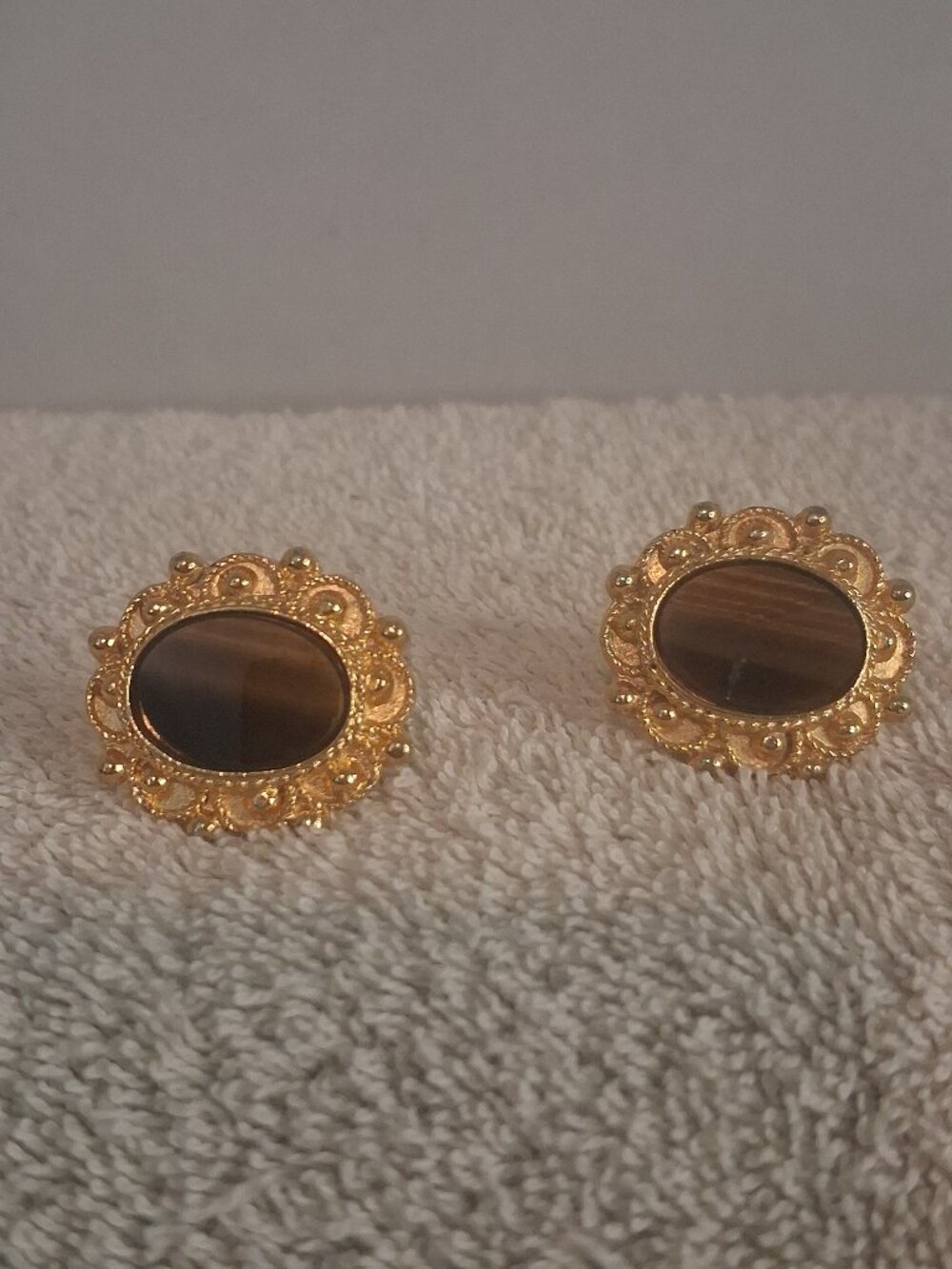 Vintage 1960s DANTE Tiger's Eye Cufflinks Gold-Tone Filigree Statement Links